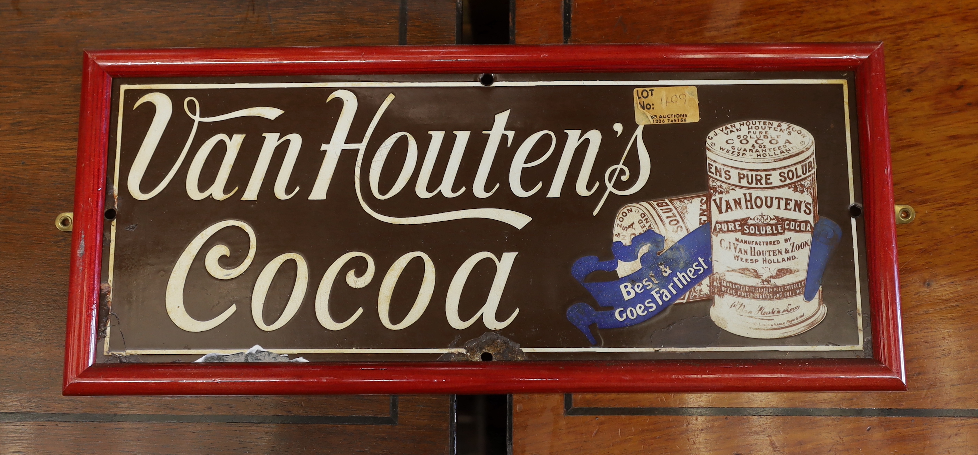 An original framed enamel advertising sign 'Van Houten's Cocoa', width 40cm, height 17cm